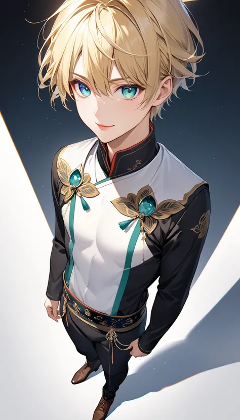 1boy ,
{ standing}
Alone,
Height: 158cm,
Beige Skin,
Cheeks are ruddy,
{{The left iris is yellow and the right iris is medium aquamarine.}}
{{Complete iris heterochromia }},
 beautiful eyes,
 large black pupils ,
 Short Short Hair,
 blonde,
 the tips of th...