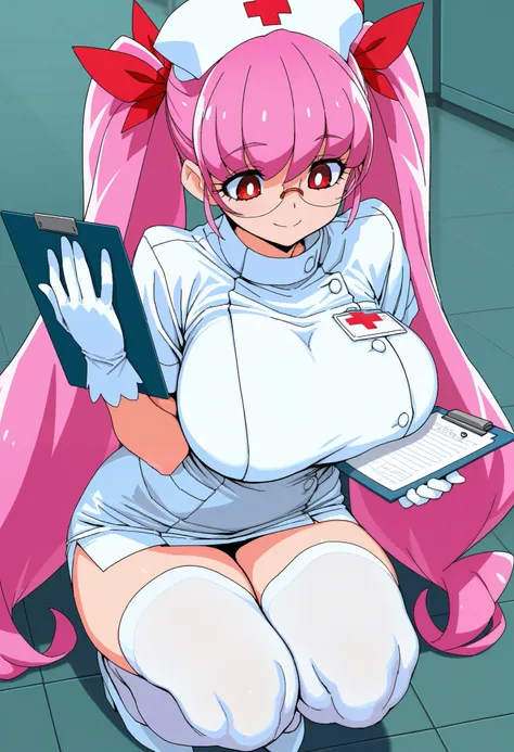 masterpiece, best quality, amazing quality, oekaki, vrkdh, official art, (precure:0.8), 1girl, huge breasts, glasses, hair ribbon, nurse, smile, looking down, pink hair, red bow, red eyes, white pupils, red ribbon, twintails, very long hair, white thighhig...