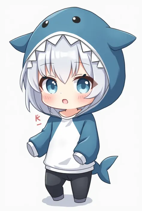 gender。Eyes are light blue 。Her hair is short。His face is cute 。 The costume is a white t-shirt and a shark hoodie。The pants are black。The size is a mini character 