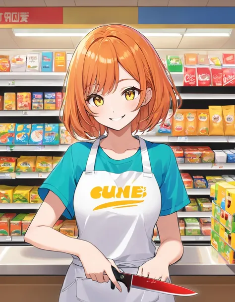  adult woman,  short orange hair and neon yellow eyes 、Looking down and smiling 、Wear the clothes of a convenience store clerk and hold a knife、 upper body only、Convenience store background