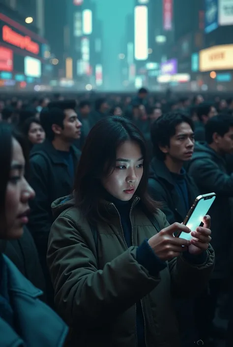 People crowd trying to be desperately happy focused on there phone but feel empty in the inside 