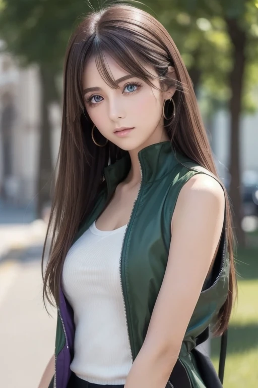 Italian girl anime version (The power to control the wind,  purple eyes and light brown medium hair,  Italian Green and Black Sleeveless Clothes and Jackets)