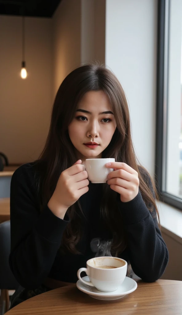 A young woman with long brown hair sits in a quiet café, enjoying a cup of hot coffee. She wears casual dark-colored clothing and has a calm, slightly pensive expression. Thin steam rises from the cup in her hands, creating a warm and cozy atmosphere. Soft...