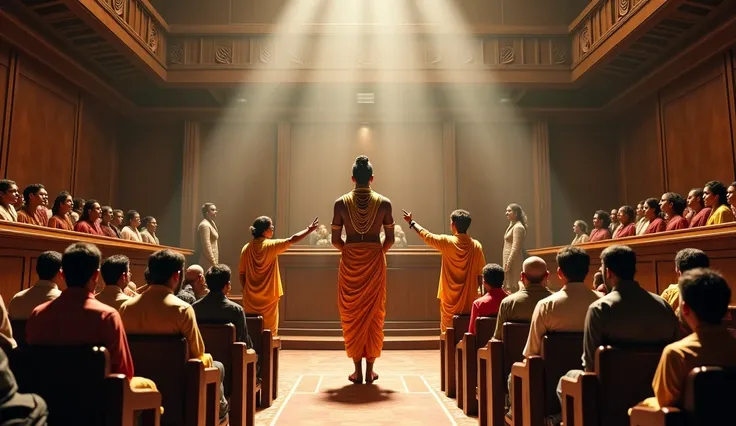 "A grand Indian courtroom with wooden furniture, high ceilings, and a serious atmosphere. On one side, an Indian God stands in the defendant's box, dressed in traditional divine attire (like dhoti, mukut, and golden ornaments), radiating a soft divine glow...