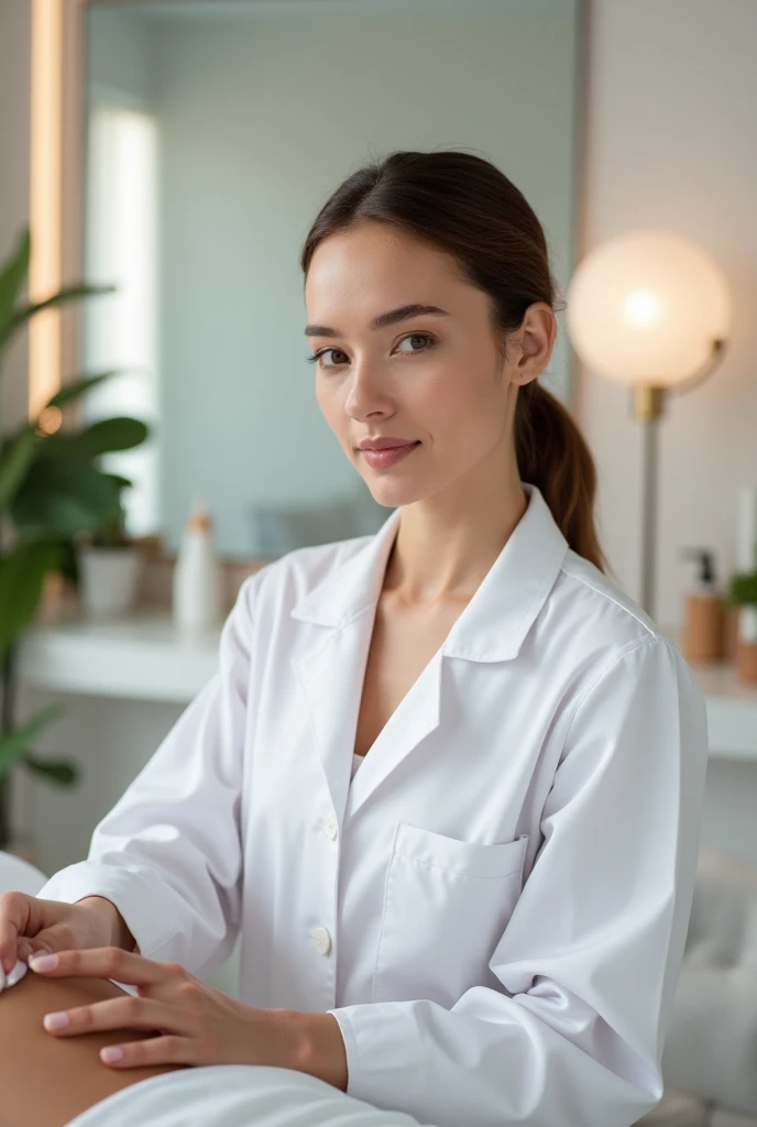 A girl skin doctor work in her clinic in aesthetic view