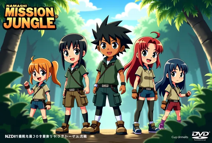 j'aimerais une affiche d'anime qui dit 
série televisée gratuite namashi mission jungle 2 en lettre Japonais. avec plusieurs personnage Charismatic. en Arrière-plan.
[date]
[DVD ]