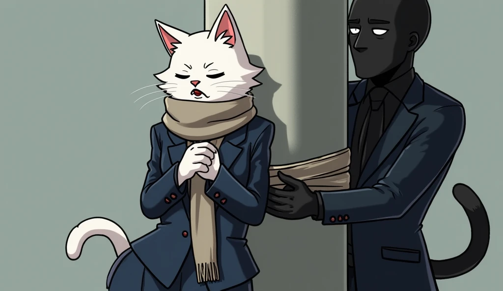 A white anthropomorphic female cat journalist, Riya, dressed in a professional newsreader-style outfit with a navy blue jacket, navy blue trousers, and an ash-colored shawl draped around her shoulders, is being restrained by a black anthropomorphic male ca...