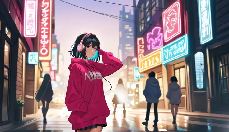 ((best quality)), ((masterpiece)), (detailed), A serene nighttime cityscape with neon lights reflecting on wet streets. A young woman with long black hair stands with her back to the viewer, gazing at the glowing skyline. She wears an oversized hoodie and ...