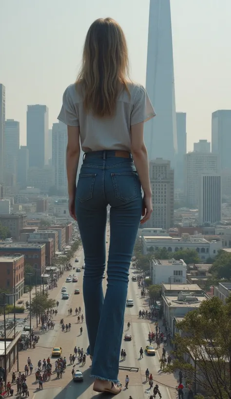   tall woman above a skyscraper 、 Compared to the height of a giant woman  、The world is so small 、  Ultra Miniature Cities 、  View of a woman from the roof of a giant skyscraper  、 } skyscrapers are very low  、 Giant woman  、  Impressive image ,  the appr...