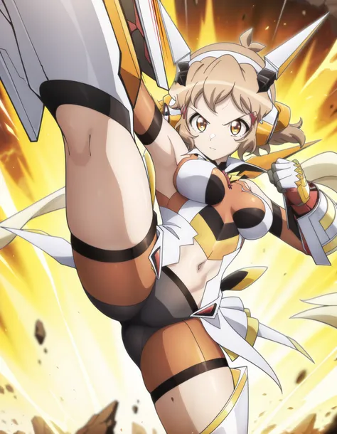 masterpiece, best quality, amazing quality, very aesthetic, absurdres, newest, anime coloring, anime screenshot, hibikigear, 1girl, solo, short hair, brown hair, scarf, headgear, navel, headphones, bodysuit, medium breasts, gauntlets, brown eyes, hair orna...
