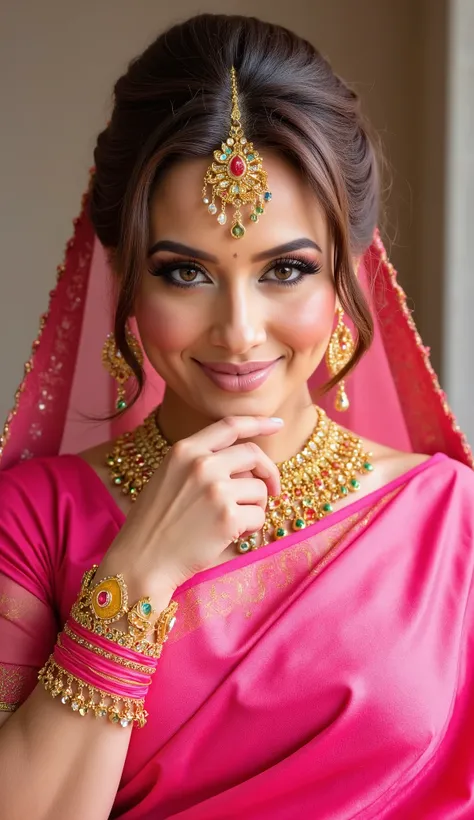 a close up of a woman in a pink sari and gold jewelry, indian, very beautiful enga style, candid picture, alluring plus sized model, candid photo, traditional beauty, candid photograph, curvaceous. detailed expression, immense details, indian goddess, clos...