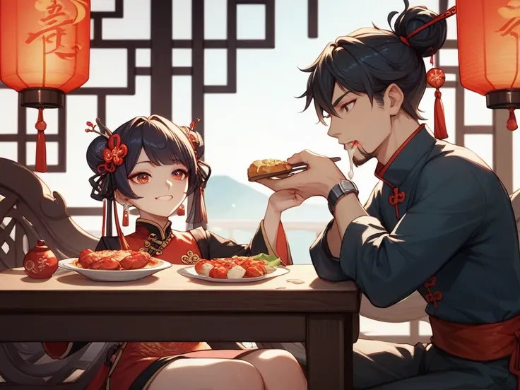 a male and female character eating at a table celebrating Chinese lunar new year