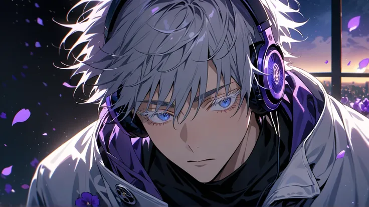   is ridiculous,  high resolution,  Super Detail,  high resolution,  Masterpiece,  extremely precise face and eyes, Gojo Satoru, Gray Hair, With bangs, Between the eyebrows,  short hair,  expressive blue eyes ,  white lashes, Jujutsu Kaisen, Alone,  sexy m...