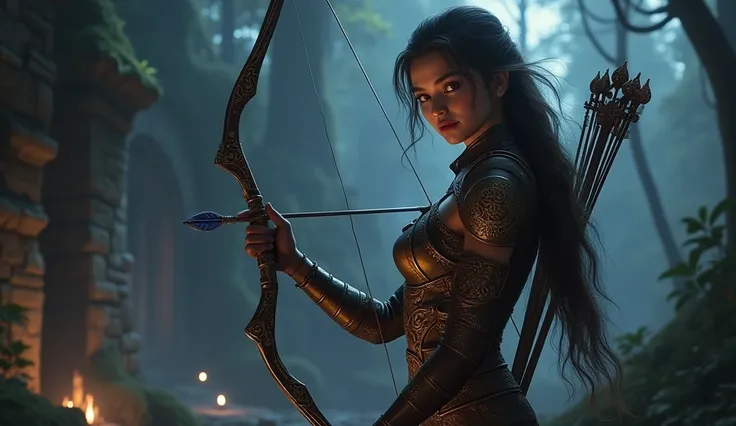 Realistic digital art, Path of Exile 2 YouTube thumbnail, cinematic 16:9 aspect ratio. Right 1/4 of the image: A stunning female archer with athletic build, wearing intricate leather armor with glowing runes that contour her figure. Her pose is confident y...