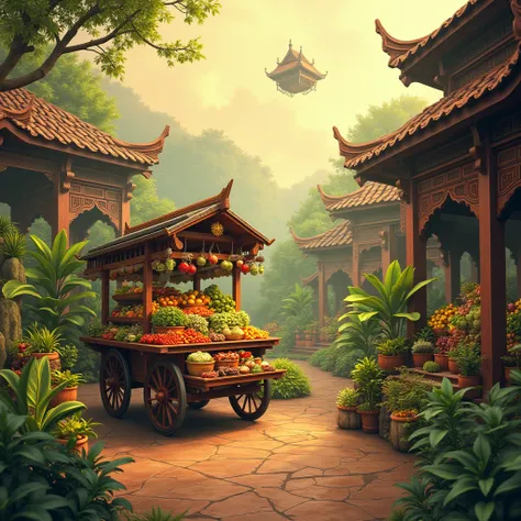 "A surreal, realistic depiction of a traditional Javanese market scene with a twist. In the foreground, a beautifully detailed Javanese cart (andong) is filled with vibrant, fresh produce, herbs, and spices, representing high-quality stock. The cart is par...