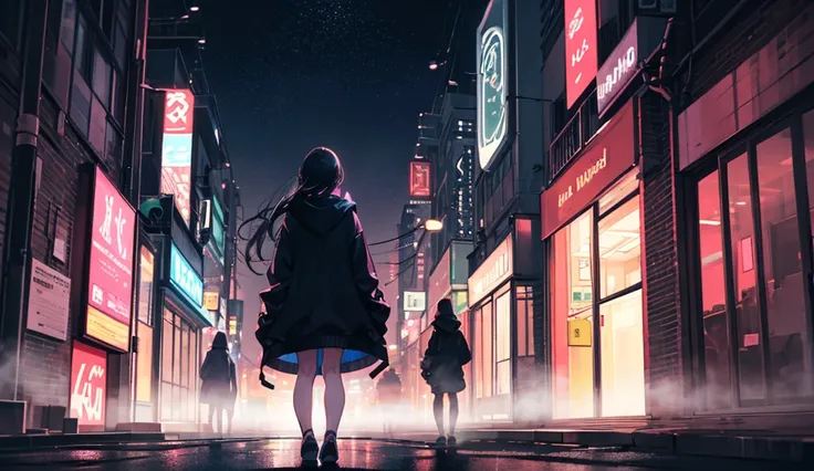 ((best quality)), ((masterpiece)), (detailed), A serene nighttime cityscape with neon lights reflecting on wet streets. A young woman with long black hair stands with her back to the viewer, gazing at the glowing skyline. She wears an oversized hoodie and ...