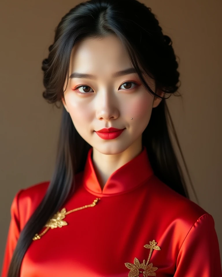 :

" A Chinese woman with striking and elegant features ,  wearing a modernized traditional dress in red silk with gold details ,  long, smooth hair 


 

