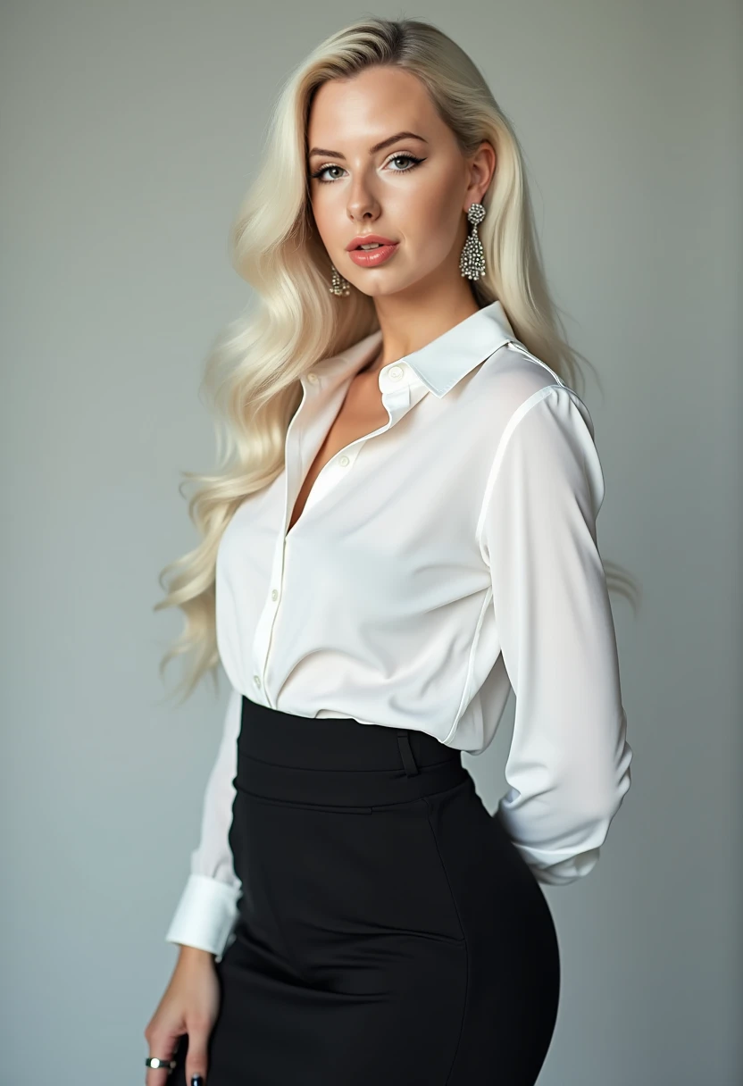 full frame photo of a beautiful young girl with long blonde platinum hair, wearing white office shirt and black cloth skirt, earrings, black eyeliner, sharp jawline, small nose, long lack nails, cute face, black glasses, perfect skin, white pale skin, blac...