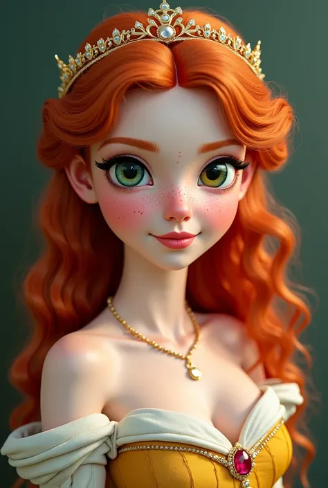 She is a young adult, she have waist-length curly orange-ish ginger hair, with heterochromia mismatched eyes, one emerald green and the other golden amber, and porcelain skin, that is splashed with freckles in her nose and cheeks. She also have beautiful f...