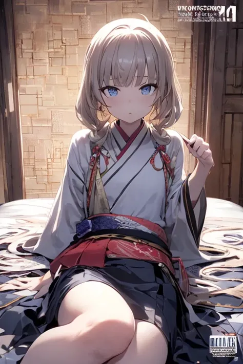 (from below:1.3,Best Quality),a girl ,kimono uniform:1.5 ,platinum color hair,Purplish  blue eyes that dreamers desire, small stature, medium tits , Lori face, (masutepiece:1.2, Best Quality), (finely detailed beautiful eye: 1.2), (beautifull detailed face...