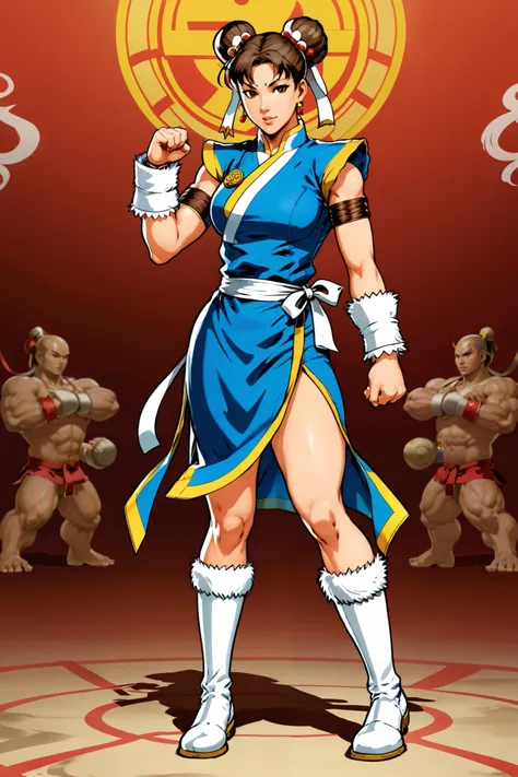  Street Fighter Chun-Li wears a traditional Chinese dress — qipao . He is wearing white military boots,  brown tights , and also wears spiked wrist bracelets.  Chun Li wears a hairstyle in the form of bundles on both sides of his head — the so-called odang...