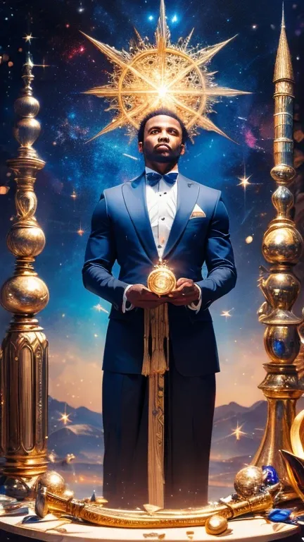 Black man in blue suit With dreadlocks and Angel wings holding a golden compass in front of a table Of artistic instruments and magical tools, Standing alone, Persian fractal patterns in background, Celestial stars fade to black upper image, Camera angle u...