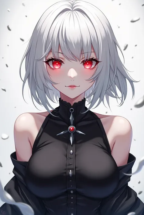 Anime White haired woman, black highlights, red eyes, standing face