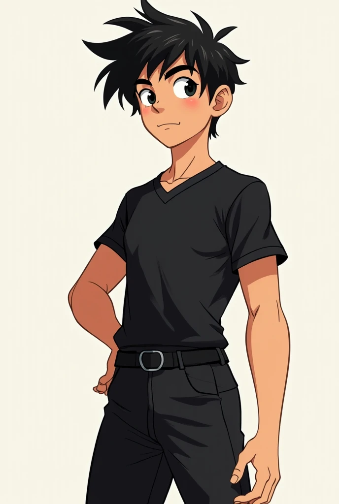  A 16-year-old boy with an athletic body wearing a black shirt and black pants also showing his whole body,her black and pointed hair for down and finally with black eyes and with a cartoon theme and with her hair down.