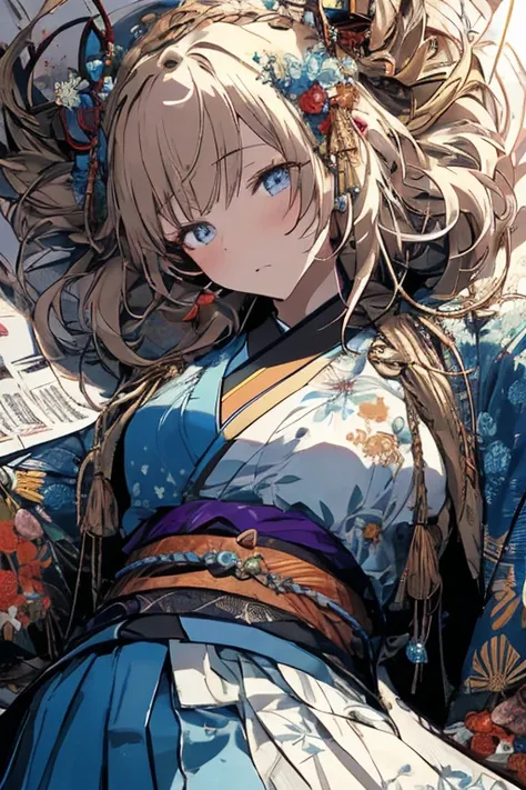 (from below:1.3,Best Quality),a girl ,kimono uniform:1.5 ,platinum color hair,Purplish  blue eyes that dreamers desire, small stature, medium tits , Lori face, (masutepiece:1.2, Best Quality), (finely detailed beautiful eye: 1.2), (beautifull detailed face...