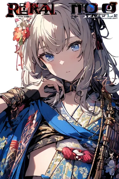 (from below:1.3,Best Quality),a girl ,kimono uniform:1.5 ,platinum color hair,Purplish  blue eyes that dreamers desire, small stature, medium tits , Lori face, (masutepiece:1.2, Best Quality), (finely detailed beautiful eye: 1.2), (beautifull detailed face...