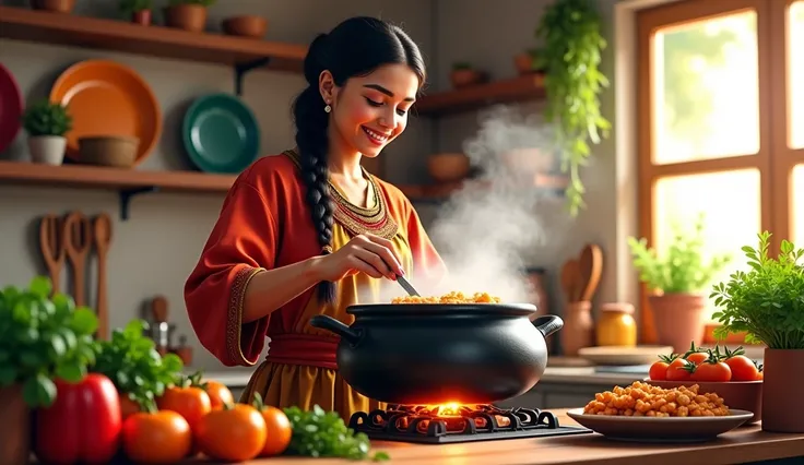 
"A warm and cozy kitchen scene featuring a young woman with dark braided hair and traditional attire, cooking a delicious meal in a large black pot over an open fire. She is smiling gently while stirring the pot, surrounded by fresh vegetables, spices, an...