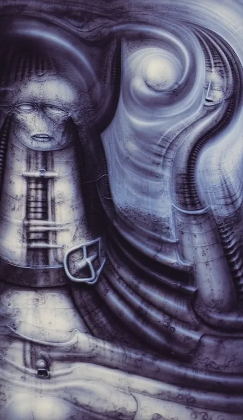 DARK BLACK COLORS, Giger_style, H. R. Giger's g1g3r, , Giger_style, The image is a detailed view of H.R. Giger's \" HRG Aleph \" plate, featuring ( The image depicts a surreal, intricate artwork featuring two humanoid figures with mechanical or industrial ...