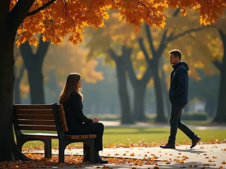 Description: A small park near the café with a wooden bench under a tree. The woman sits alone, gazing thoughtfully into the distance. The man approaches slowly with hesitation but determination.
	•	Key Details: Autumn leaves scattered on the ground, tranq...