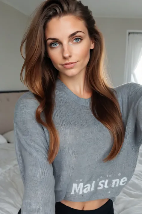 Young woman, 27 yo, standing comfortably, large grey sweater, black yoga pants, long auburn hair, ponytail, taking a selfie in bedroom