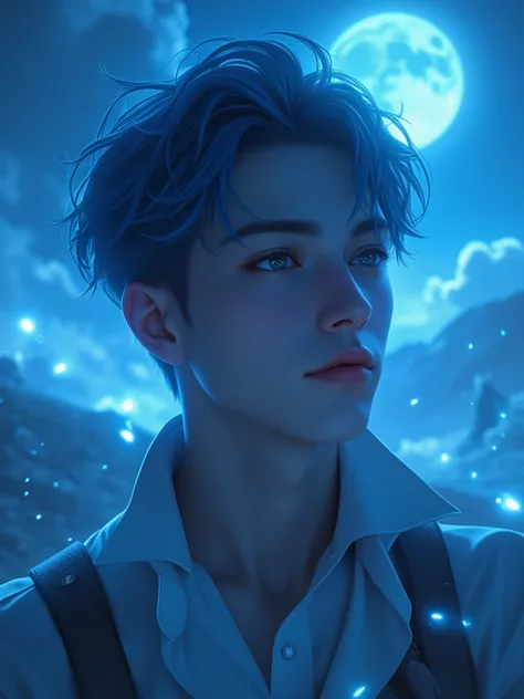 Masterpiece, best quality, 8k, highest quality, best graphic, beautiful eye, beautiful lip, beautiful background, realistic, add background, blue atmosphere, huge moon, man in 20s, blue short hair