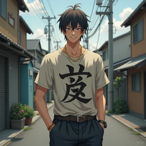 Full body image of an 18-year-old Japanese man. Realistic, very detailed and of the highest quality.. Wear casual wear with comfortable, loose-fitting pants. He wears a tight and worn t-shirt with a kanji that reveals a hard-working musculature and a defin...