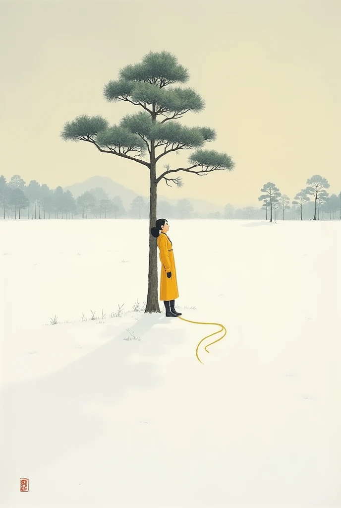 masterpiece,  high quality,  high resolution , Oriental painting, Snowy day, field,  A pine tree seen from afar ,  one person , Long cord ,  yellow cord ,  A woman is leaning on a pine tree ,  accurate description ,  A full body photo standing ,  with marg...