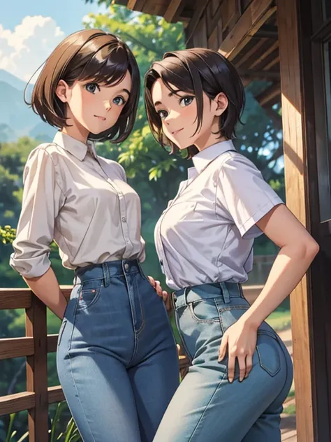 2 young boys wearing their high-waisted mom jeans in treehouse