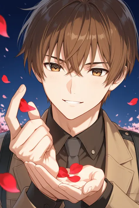  boy in his 20s, side, I'm holding a petal on my hand.  petals are scattered .