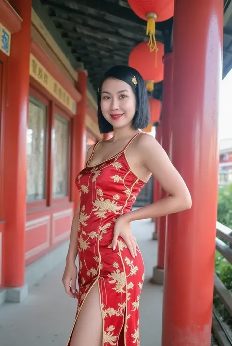 **A masterpiece, exquisite detail, realism, movie-quality** An 18-year-old beautiful and confident Thai idol who is youthful. She wears an eye-catching red cheongsam with a high slit that elegantly reveals her beautiful legs, combining traditional Chinese ...