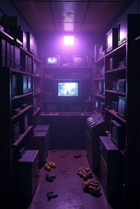 small 80's themed storage room with security monitors and there's some animatronic parts and with some mysterious eerie dark purple fog
