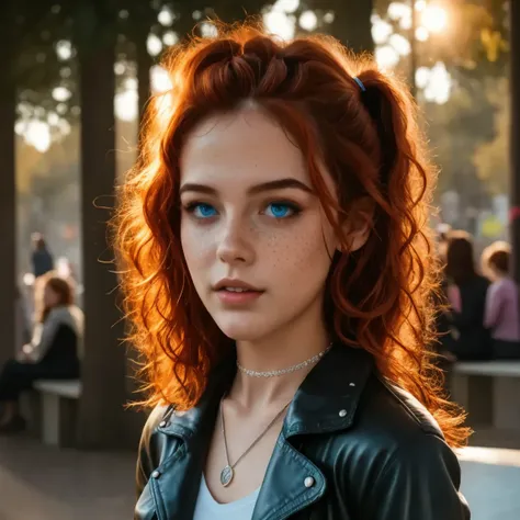 Youthful girl, sitting on a bench, crowded public park, blue eyes, pale white skin, slender arms, short ponytail hair, natural redhead, realistic freckles, slim figure, extremely detailed face and body, wearing leather jacket, pink plaid skirt, knee socks,...