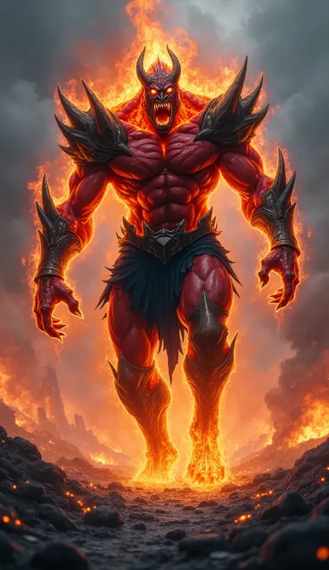 "A towering, humanoid Ifrit warrior strides towards the camera with a roar that shakes the very earth beneath. Its muscular frame radiates intense heat, with crimson-red and black flames engulfing its skin, burning everything it touches. Its glowing, amber...