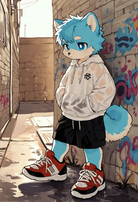 source_ furry， furry male，elementary school students，((boy  ))，Dog boy  , (furry, kemono  :1.4)， masterpiece, best quality, perfect anatomy, bright eyes, detailed eyes, furry,  male,cute, smaller male，Detailed background: Graffiti wall,
 The clothes were c...