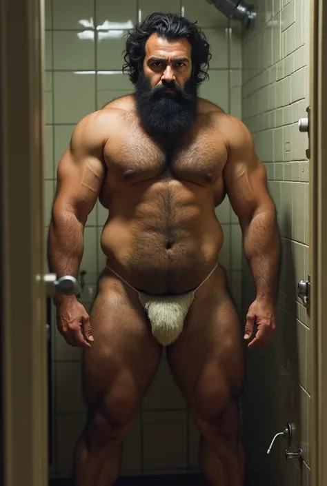 Strong Persian man , bearded, Hairy and muscular naked in the bathroom showing bare hairy pelvis.