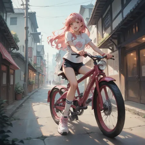 A Japanese woman. Pink hair with bangs. Ride on a bike.