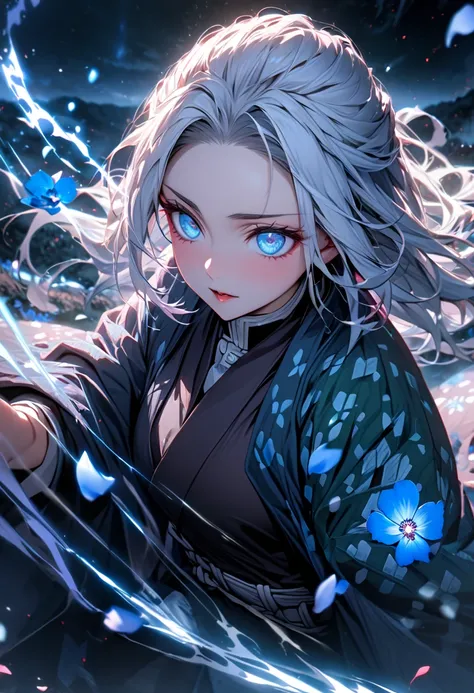 Ultra detailed, highres, absurdres, HDR, master piece, demon slayer, long white hair, bangs, blue eyes, violet haori with blue flowers patteren Kimetsu No Yaiba, fantasy, petals, blue flowers,  solo, magic, shining red fireflies, best quality, extremely de...