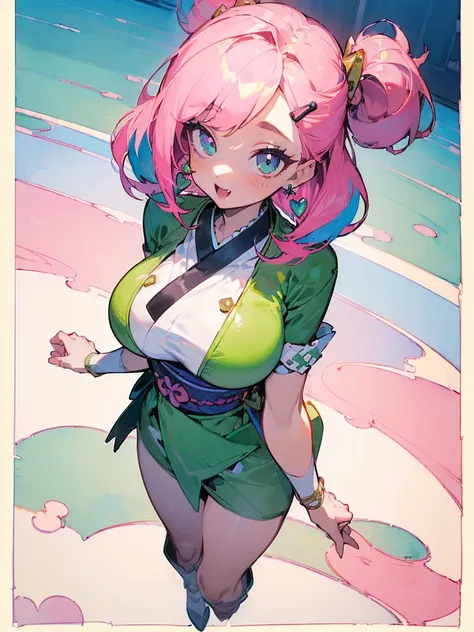 (( top quality, 8k,  Masterpiece: 1.4)),(( amazing details : 1.3)),(( illustration , big breasts: 1.2)),((High Resolution 1.1)), 1 girl,, watercolor, colorful,Bubble Head, pink hair, cute,Fangs,  green, multicolor eye ,  gradation eyes,  Heart Earrings ,  ...