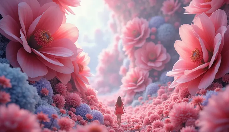 from below,  top quality, 32K,  RAW photos in the loop,  incredibly high resolution ,  extremely detailed,  Texture, A huge wave of giant flowers and giant petals is engulfed, Fantasy , fairy tale,  pastel color,  motion blur ,  action line 