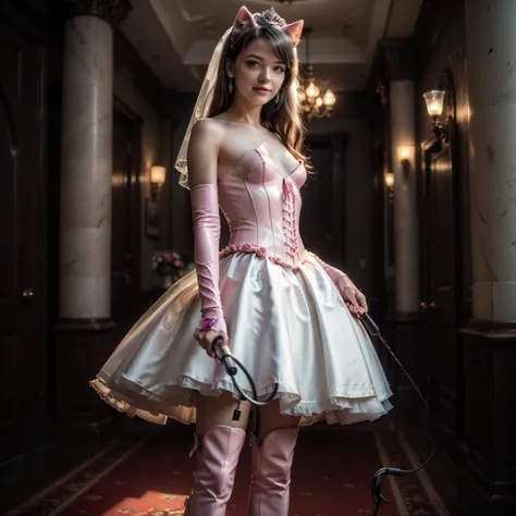  1 girl,  slim ,  pink straight long hair, zopf , Cat ears,  masterpiece ,  anatomically correct  , UHD,  Super detailed , further away , knee-high boots, long arm warmers , Neon pink latex corset wedding dress,  realistic  , Hotel rooms,  small breasts,  ...